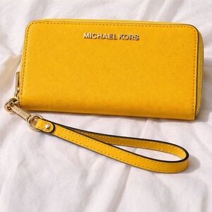 Michael Kors Yellow Zip-Around Wristlet Wallet Saffiano Leather Gold Logo
